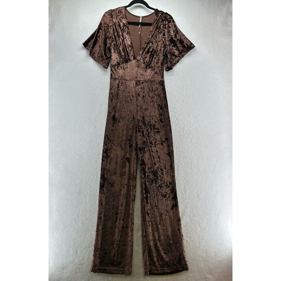 Free People Jumpsuit XS Night Fever Velvet Plunge Flutter Sleeve Wide Leg Brown - Picture 2 of 15